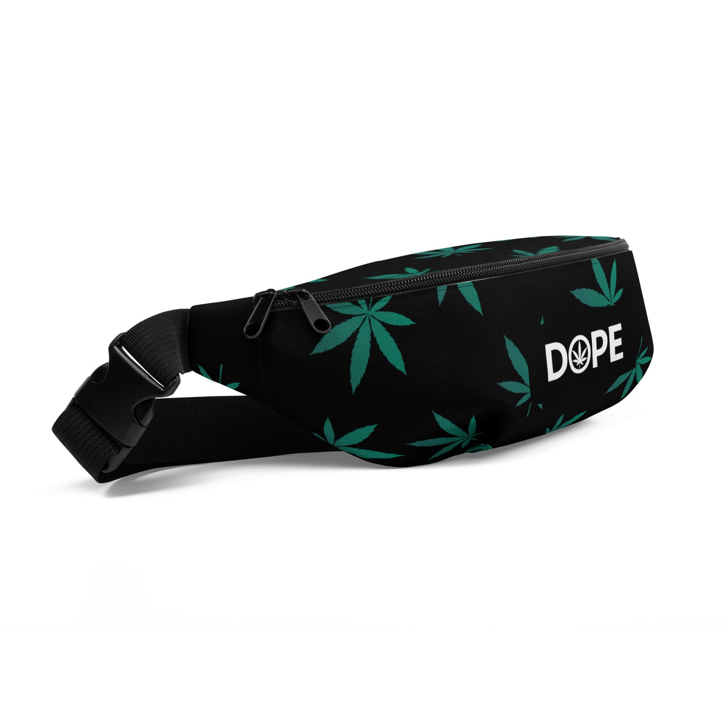 Green Leaves Black Fanny Pack