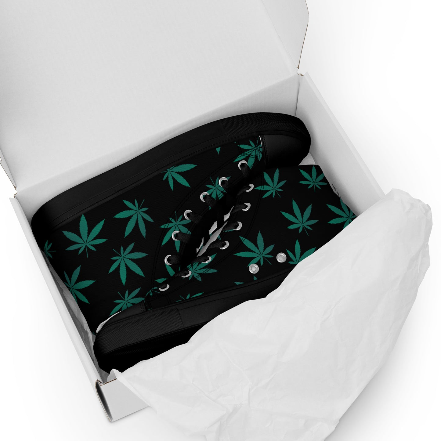 Green Leaves Black Men’s High Top Canvas Shoes