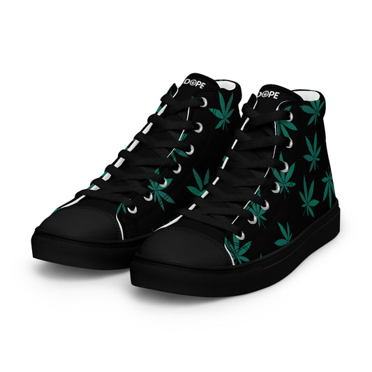 Green Leaves Black Men’s High Top Canvas Shoes