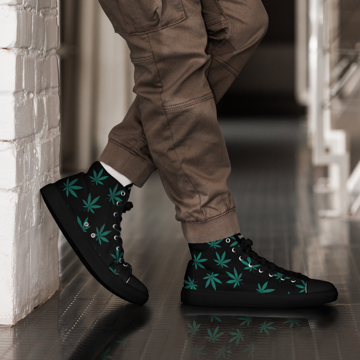 Green Leaves Black Men’s High Top Canvas Shoes