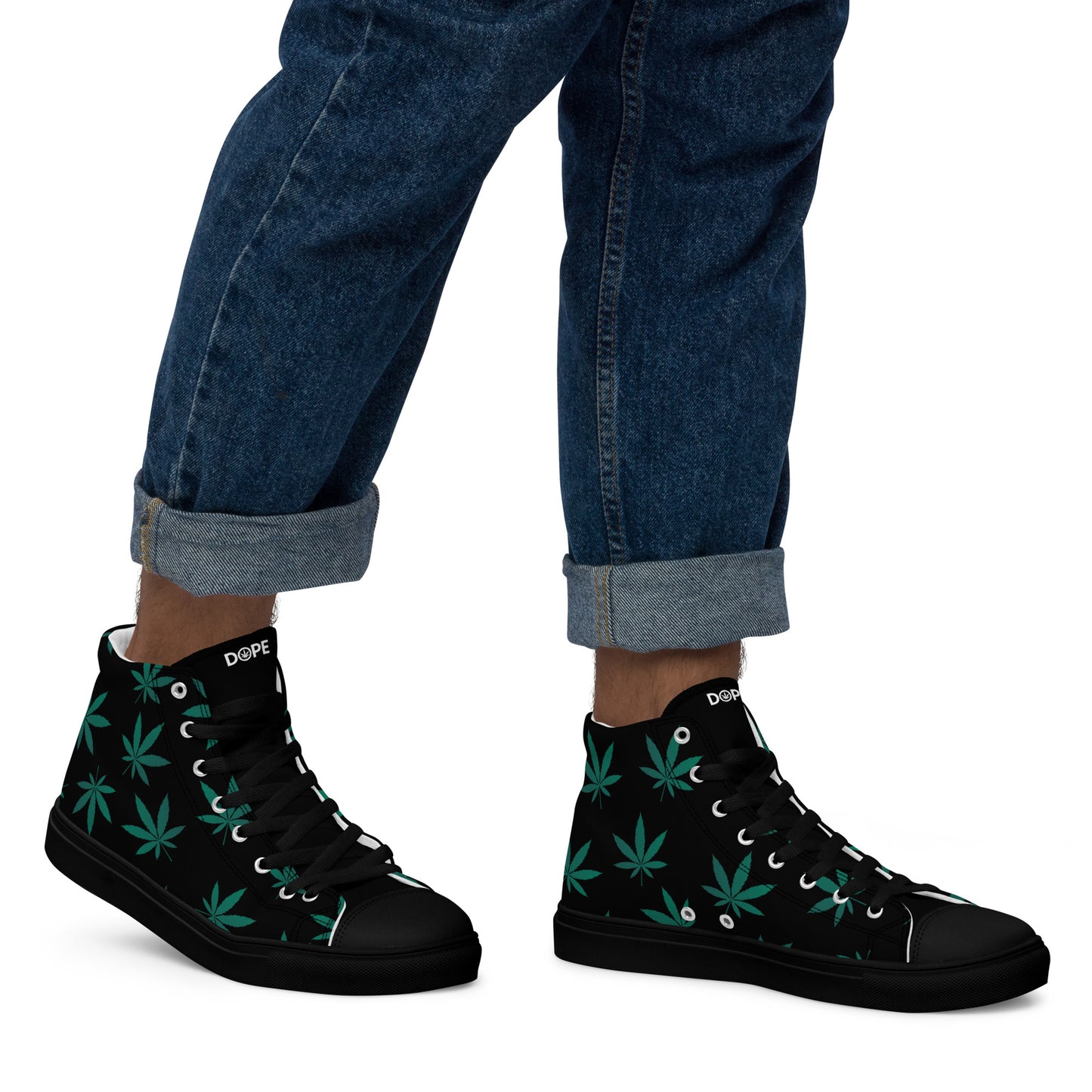 Green Leaves Black Men’s High Top Canvas Shoes